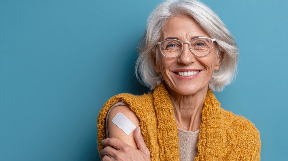 Smiling woman with glasses, wearing a mustard yellow sweater, shows her vaccinated arm with a band-aid. 