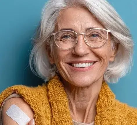 Smiling woman with glasses, wearing a mustard yellow sweater, shows her vaccinated arm with a band-aid. 