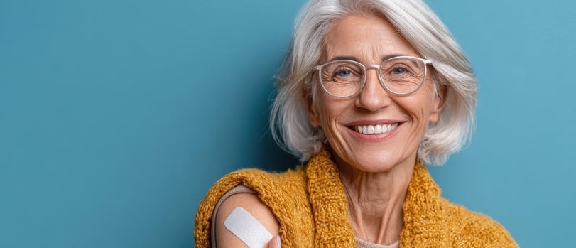 Smiling woman with glasses, wearing a mustard yellow sweater, shows her vaccinated arm with a band-aid. 